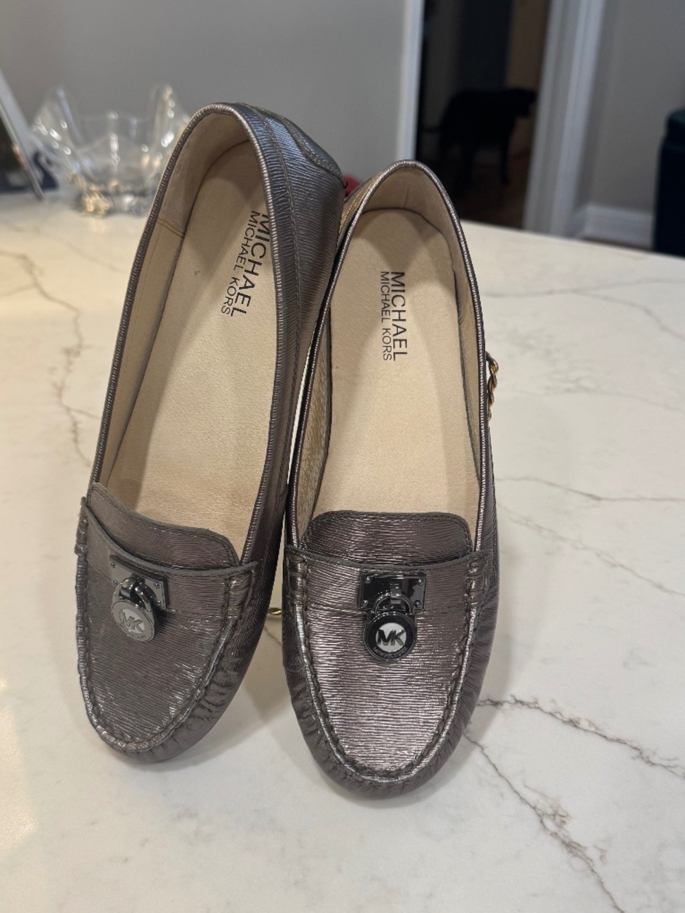 Michael Kors Gunmetal Metallic Loafers Size 8 | MK Logo Slip-On Flats